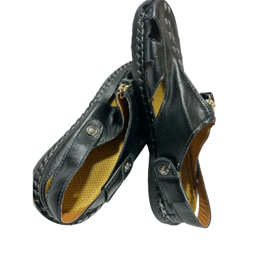 Men's Black Leather‎ Fisherman Sandals with Zipper Closure, Breathable